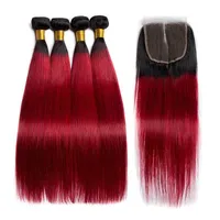 Modern Show 1B Burgundy Red Ombre Straight 4 Bundles With Closure Brazilian Human Hair Weave With 4x4 Lace Closure