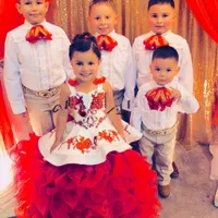 Güzel Kırmızı Bebek Yarışması Elbise Spagetti Askı Aplikler fırfır Katmanlı Çiçek Kız Elbise Özelleştirilmiş Boncuklu Çocuk Balo Elbise