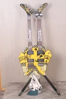 Promotion! Cheap Trick&#039;s Rick Nielsen Uncle Dick Double Neck Yellow Electric Guitar White Pearl Inlay, Kahler Bridge on the left neck