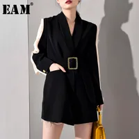 [EAM] Kadınlar Siyah Kısa Yan Burr Perspektif Blazer Yeni Yaka Uzun Kollu Gevşek Fit Ceket Moda İlkbahar Sonbahar 2020 LJ201021