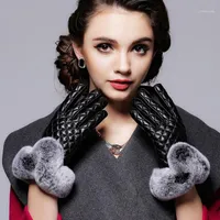 Cinq doigts Gants Touch Screen pour femme hiver chaleureuse cuir véritable en cuir élégant dames vraie fourrure en peau de mouton1