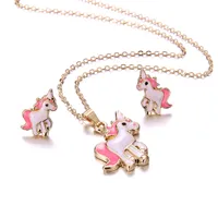 New Arrival Factory Design White Pink Enameled Unicorn Charm Earring Necklace Jewelry Set for Wholesale
