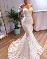 Eleganckie Suknie Ślubne Syrenki Krótkie Rękawy 2021 Koronki Aplikacja Sweep Pociąg Custom Made Plus Size Wedding Bridal Gown Vestido de Novia