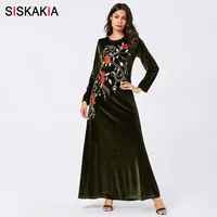 Siskakia Dress women Autumn Winter New Velvet Floral Embroidery Long Dresses Full Sleeve Plus Size O Neck Muslim Clothing 201008