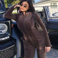 BeyPern Kylie Stijl Chocolade Dream Fluwelen Jumpsuit Nieuwe Mode Mot Mock Neck Front Rits Skinny Been Kylie Jenner Velor Jumpsuits T200528
