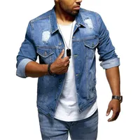 Мужские куртки мужская куртка с длинным рукавом дыра отворота карманные джинсовые ретро джинсовые уличные одежды повседневные пальто вал