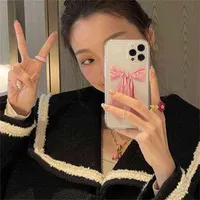 Korea Söt Rosa Ribbon Bow Soft Transparent Telefon Väska till iPhone 13 12 11 Pro XS Max X XR 7 8 Plus Clear Protective Back Cover AA220308