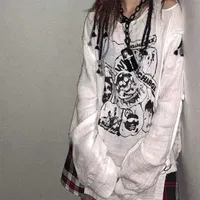 QWEEK Gotik Punk Kafatası Baskı Kadın T Gömlek Emo Goth Beyaz Kapalı Omuz Uzun Kollu T-Shirt Streetwear Siyah Düzensiz Koyu 220122 Tops