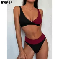 Ingaga Push Up Bikini Sexy Two Tone Swimwear Women Ribbed Swimsuit 2022 High Waist Beachwear Biquini v Neck Bikinis Set
