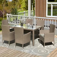 US Stock U_style Outdoor Wicker Dining Set 7 Piece Patio Dinning Table Beige-Brown Wicker Furniture Sitting A24