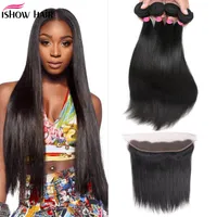 Ishow Body Wave Extensions 13x4 Lace Frontal Peruvian Loose Deep Kinky Curly Human Hair Bundles with Closure Straight Water for Women All Ages Jet Black 8-28inch
