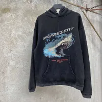 Designer Represent Shark Print Mens Hoodies Heavyweight Fabric Washed and Worn Hooded Sweatshirt High Street Fashion Sweatshirts