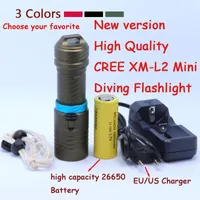 Flashlights Torches 2000 Lumens XM-L2 LED Diving Torch 100M Underwater Waterproof Scuba Lantern + 26650 Battery Charger
