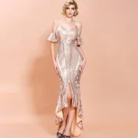 Rose Gold Cor Vestidos alta Lo Mermaid lantejoulas elegante Prom Dress Mãe de noiva vestidos baratos da Vestido de Noite