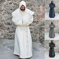Costumes de cosplay médiéval pour l'homme Halloween Vintage Renaissance Wizard Monk Prêtre Capuchon Capuche Solid Cape Robes 201104