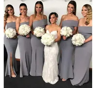Ny ankomst Billiga Simple Grey Mermaid Bridesmaid Dresses Strapless Formell Klänning Split Wedding Guest Gowns Maid of Honor Gowns Vestidos