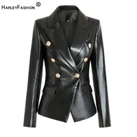 HarleyFashion European American Top Quality PU Leather Fittness Gold Buttons Slim High Street Women Black Blazer 220107