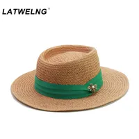 Breite Krempe Hüte Mode Grün Ribbon + Biene Strand Für Frauen Papier Sun Übergroße Hut Damen Sommer UV Strohkappen Großhandel1