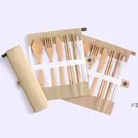 Japanese Wooden Cutlery Set Bamboo Cutlery Straw Cutlery Set With Cloth Bag Kitchen Cooking Tools wholesale FAB13585