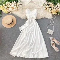 Ftlzz kvinnor backless bohemian klänning sommar sexig v nacke sashes klänning ärmlös spaghetti strap strand vit vestido1