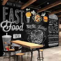Papel pintado mural personalizado Pizarra pintada a mano Hamburguesa Fried Pollo Poster Delicioso Comida rápida Tienda Restaurante Pintura de pared