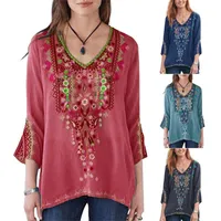 Women's Blouses & Shirts Plus Size Tshirt Summer Women Boho Casual V Neck Long Sleeve Floral Embroidery Blouse Top Loose Shirt Streetwear 3X