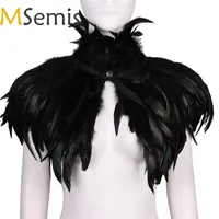 MSEMIS Adulto nero Gothic Victorian Sciarpa Poncho Wrap Natural Feather Choker Collar Cape Scialle Stola Halloween Costume Cosplay Y200103