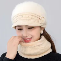 Women Winter Hat Keep Warm Cap Add Fur Lined And Scarf Set s For Female Casual Rabbit Knitted 220118