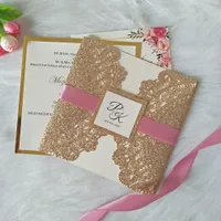 Or Rose Glitter Floral Laser Cut Fold Invitation de mariage avec pailleté Tag personnalisé Imprimer douche nuptiale Carte DIY Champagne Argent Inviter