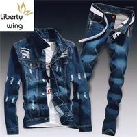 Lente heren denim tweedelige set gat gescheurd slim fit jas jeans sets mannelijke casual vintage ropa hombre cargo pak streetwear1