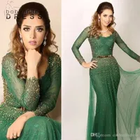 Nya Saudiarabiska Green Evening Klänningar Bateau Lace Crystal Beaded Sheer Long Sleeves Prom Clowns Mermaid Dress Mother Wear