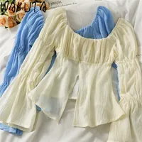 Wakuta French Gentle Blare Sleeve Cuello Cuadrado Blusa Fairy Shirts Summer Elegant Wild Slim Solid Color Blusas Blusas 220216
