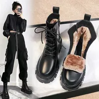 Dames Winter Combat Laarzen Bont Zwart Platform voor Dames Punk Gothic Schoenen Enkel Vrouwelijke Merk Designer 220106