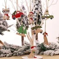 Weihnachtsdekorationen 2 PCS Jahr Naturholzhundauto -Ornamente hängende Anhängerbaum für Heimatpartyzubehör1
