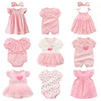 Nowy Born Baby Girl Uncockdresses Lato Pink Princess Little Girls Odzież Zestawy na Przyjęcie urodzinowe 0 3 miesięcy Robe Bebe File G1221
