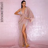 Lovelemonade Sexy Rose Gold V-Neck Single Sleeve Cekiny Split Party Maxi Dress LM81848 220121