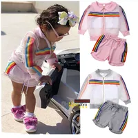 Clothing Sets Kids Designer Clothes Girls Outdoor Sport Outfits Children Rainbow Stripe coat+vest+shorts 3pcs set New Summer Baby Clothing
