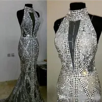 2020 Luxury Crystal Bead Sequins High Neck Mermaid Amazing Long Formal Afton Dresses Pageant Gowns Prom Klänningar Evening Wear Sliver för GI