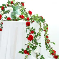 Flores decorativas guirnaldas rosas rojas Ivina con hojas verdes para la decoración de la boda en casa hoja falsa bricolaje guirnalda artificial fluir