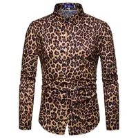 Herren lässige Hemden KLV Langarmer Mann Baumwollmischung Bluse Herren Mode Leopardenmuster gedruckter Slim Tops