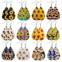 Projekt Słonecznik Drukowane PU Skórzane Kolczyk Czeski Dangle Drop Kolczyki Kolorowe Waterdrop Ear Lucky Jewelry Boże Narodzenie Kolczyki dla kobiet