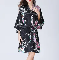Negro Mulheres Kimono Night Dobe Sleepwear Artificial Silk Cetim Noiva Noiva Própria Roupas Floral Bathrobe Peignoir Femme Dress Vestido