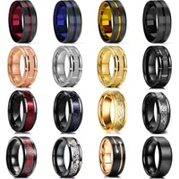 Fashion Men's 8mm Gold Groove Beveled Edge Black Tungsten Wedding Carbon Fiber Ring Punk Gear Wheel Stainless Steel for Men