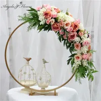 Gouden ring metalen boog partij bruiloft achtergrond decor tafel centerpiece set bloem staan ​​met kunstmatige bloemstuk pioenrozen