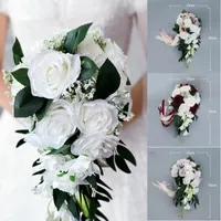 mariée mariage blanc baisse rétention d'eau de fleurs artificielles en forme de mariage rose ruban tenant décoration bouquet 23 * 50cm