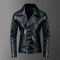 Rivets PU Jackets Men Black Slim Turn-down Neck Zipper Full Streetwear Motorcycle Faux Leather Coats Casacas Para Hombre 201226