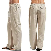 Hombre Plus Tamaño S-5XL Pantalones rectos de algodón Lino cordón Cintura Pantalones sólidos de gran tamaño Pantalón informal completo 2021 Verano