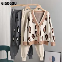 GIGOGOU Luxury Leopard Women's Tracksuits Knitted Harem Pants Suits Vintage Open Cardigan Sweaters 2 Pieces Clothing Sets Outfit 220122