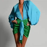 패션 레이디 여성 파티 두 조각 깊은 V 목 셔츠 바디 수트 긴 소매 + 하이 허리 불규칙한 미니 스커트 클럽웨어