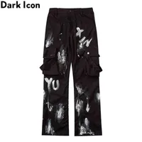 Icone scuro-pantalones cargo bolsillos laterales para hombre pantaln media cintura elstica color blanco y negro 0214